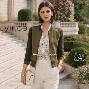 VINCE Olive Suede Front Zip Cardigan | Merino Wool Knit Jacket *shop@iamwarrior